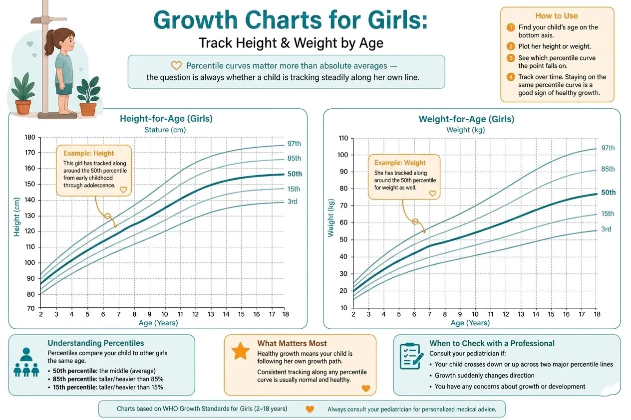 Illustration of a growth percentile chart for girls showing how to track height and weight by age