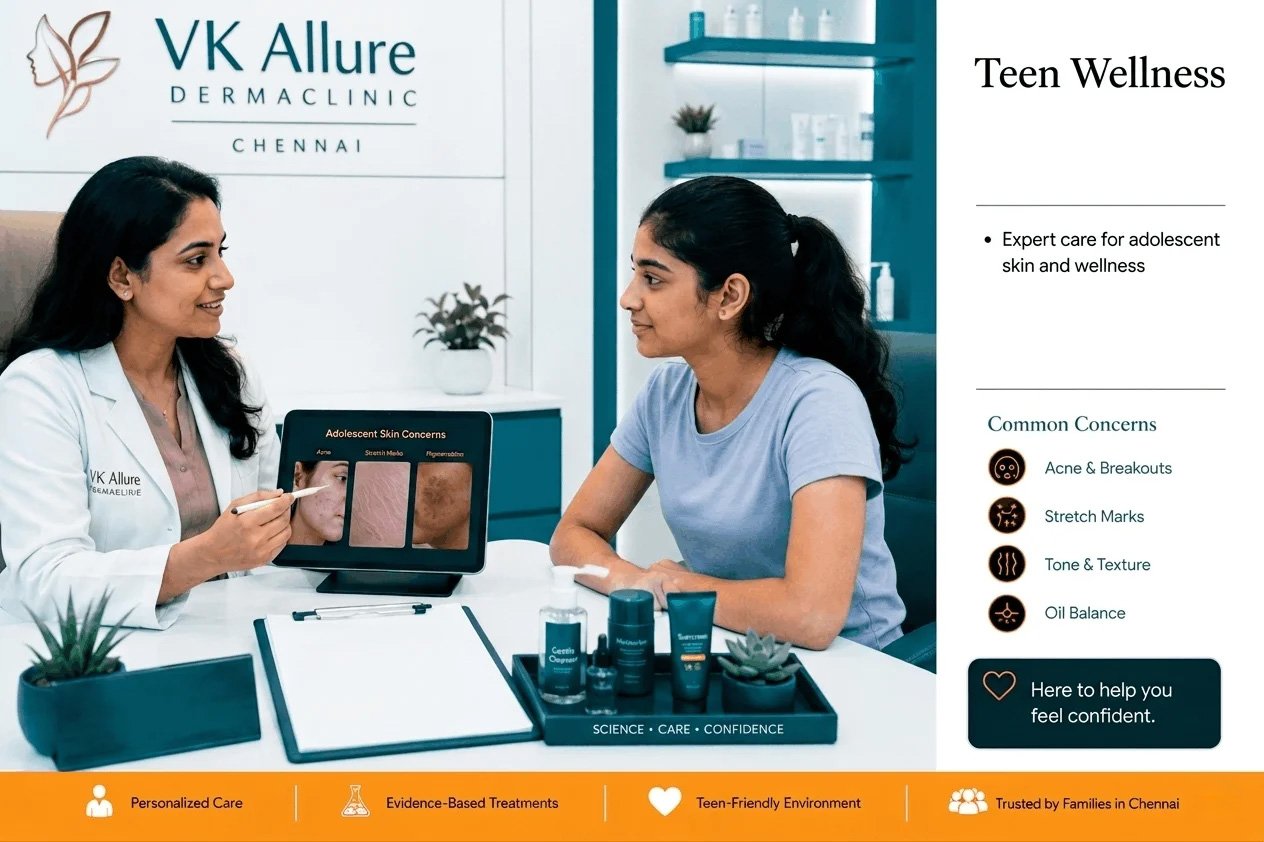 Teenage girl in consultation about adolescent wellness and skin care at VK Allure Dermaclinic Chennai