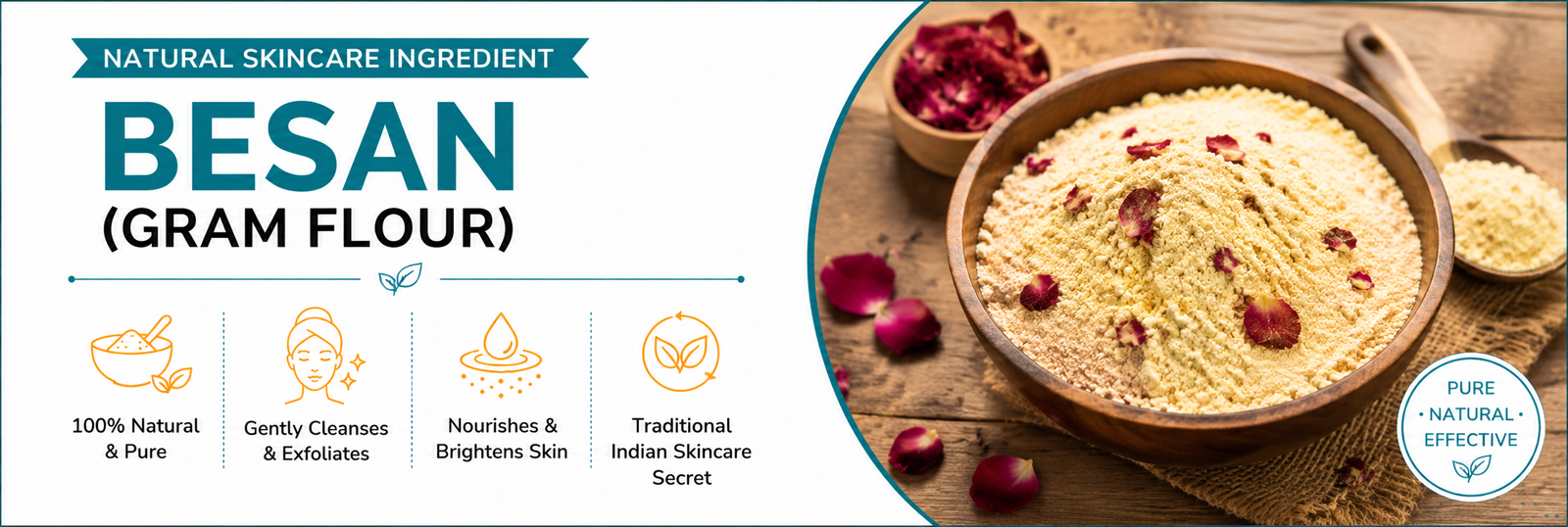 Bowl of gram flour besan with rose petals on wooden surface — natural skincare ingredient