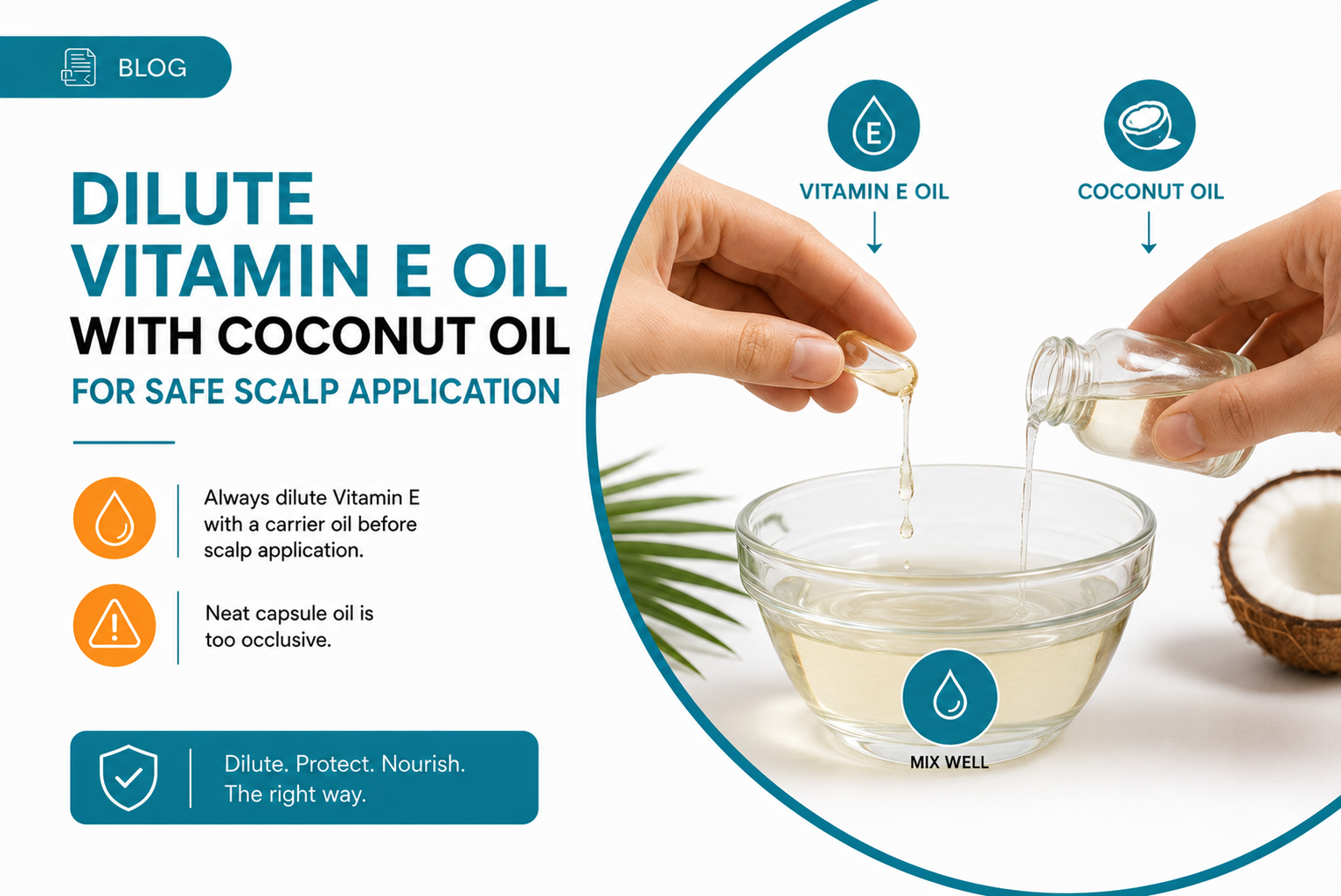 Diluted Vitamin E oil being mixed with coconut oil for safe scalp application