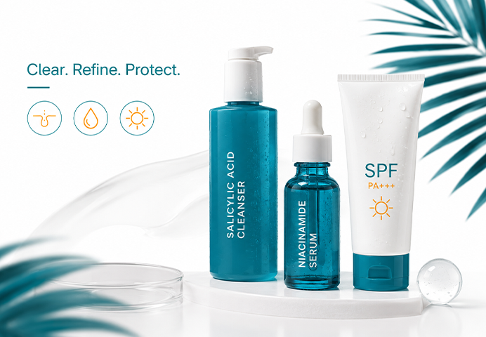 Skincare products for blackhead treatment in Chennai — salicylic acid cleanser, niacinamide serum and SPF sunscreen