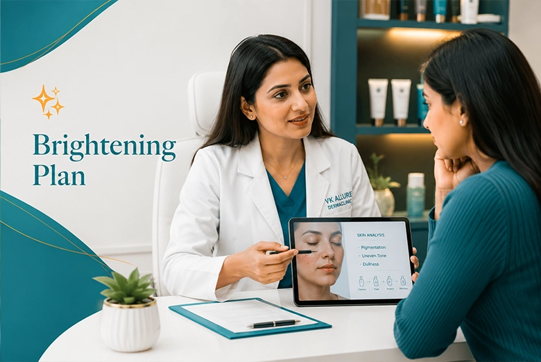 Dermatologist discussing a skin brightening treatment plan with a patient at VK Allure Dermaclinic Kilpauk Chennai