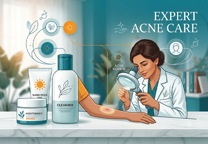 Dermatologist consulting acne patient at VK Allure Dermaclinic Kilpauk Chennai — reviewing skin under magnification