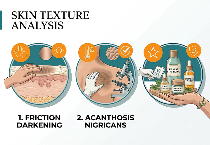 Diagram comparing friction-caused dark underarms versus acanthosis nigricans — key differences in texture and pattern for Indian skin