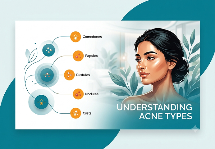 Diagram showing types of acne — comedones, papules, pustules, nodules and cysts for Indian skin guidance