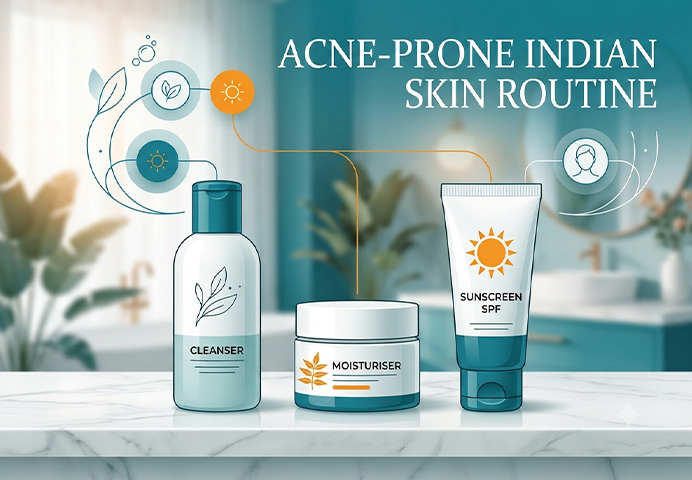 Simple skincare routine for acne-prone Indian skin — cleanser, moisturiser, sunscreen laid out on a bathroom shelf