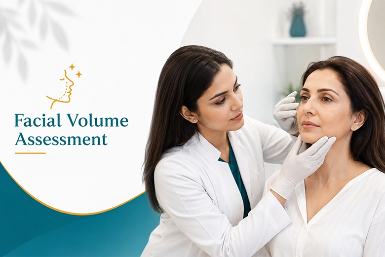 Dermatologist assessing facial volume loss for dermal fillers in a patient in her 40s in Chennai