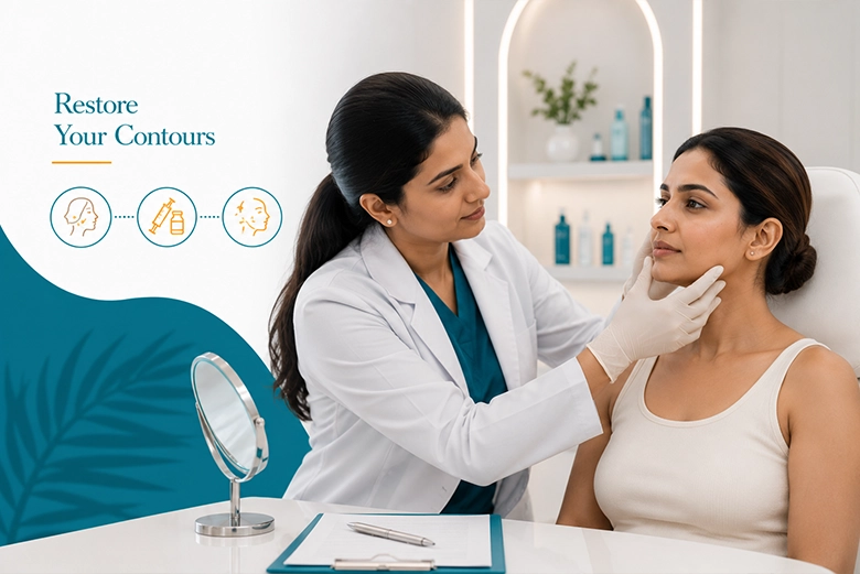 Dermatologist assessing facial volume loss for dermal fillers in a patient in Chennai