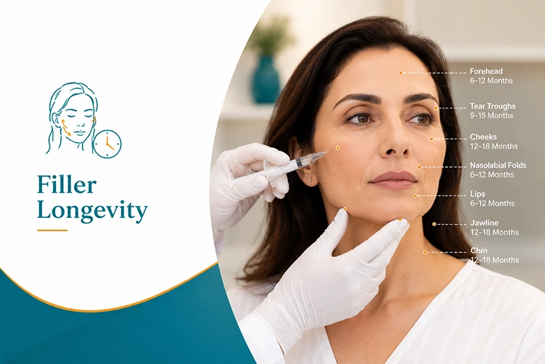 How long dermal fillers last by facial area, explained at a dermatology clinic in Chennai