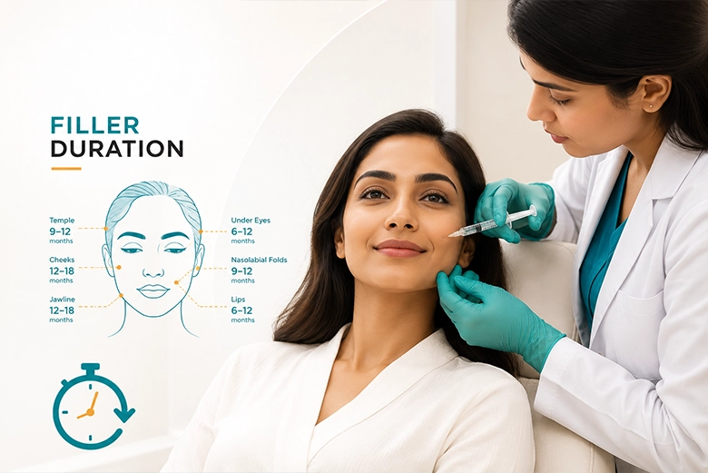 How long dermal fillers last by facial area, explained at a dermatology clinic in Chennai