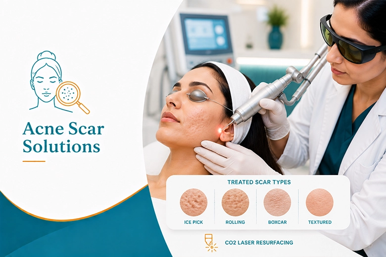 Different acne scar types treated by CO2 laser resurfacing at a Chennai dermatology clinic