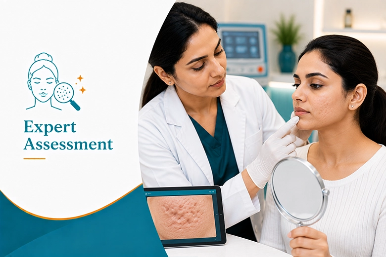 Dermatologist assessing acne scars before CO2 laser resurfacing at VK Allure Dermaclinic Chennai