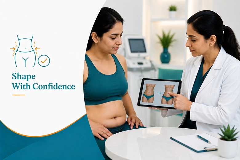 Non-surgical fat removal consultation for belly fat at a body contouring clinic in Chennai