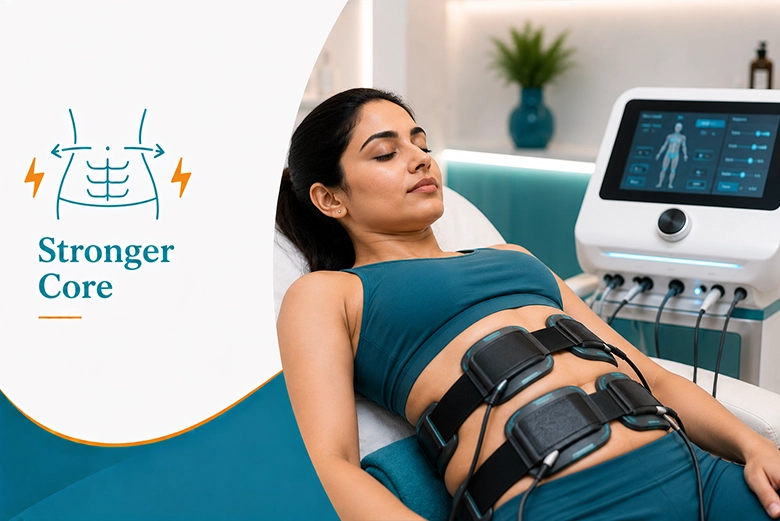 EMS body sculpting building core muscle as part of belly contouring at a Chennai clinic