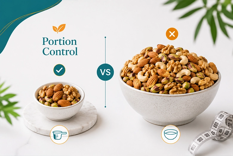 Measured single-serving portion of dry fruits versus an oversized bowl, showing portion control for weight loss