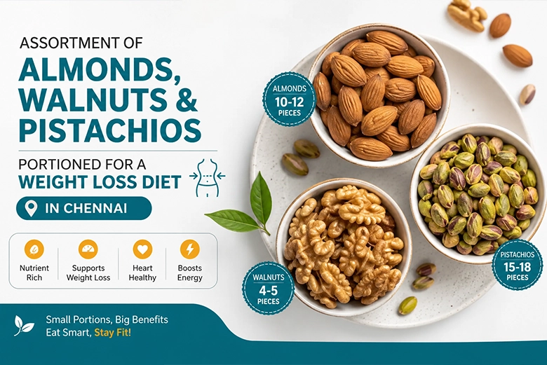 Assortment of almonds, walnuts and pistachios portioned for a weight loss diet in Chennai