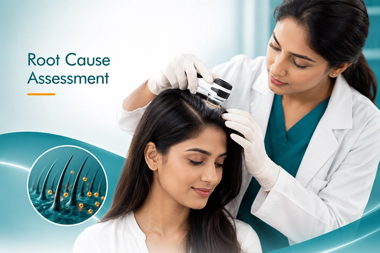 Dermatologist assessing scalp and hair loss cause before GFC hair therapy in Chennai