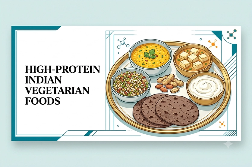 High protein vegetarian foods on an Indian thali — dal, paneer, sprouts, curd, peanuts and ragi roti