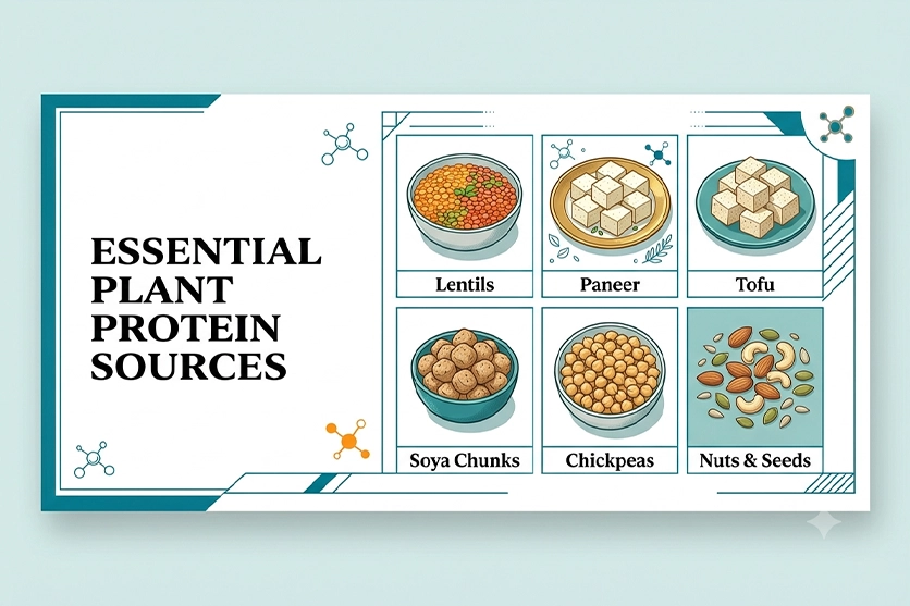 Grid of high protein vegetarian food sources — lentils, paneer, tofu, soya chunks, chickpeas, nuts and seeds