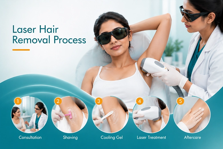 Step by step laser hair removal process at a dermatology clinic in Chennai