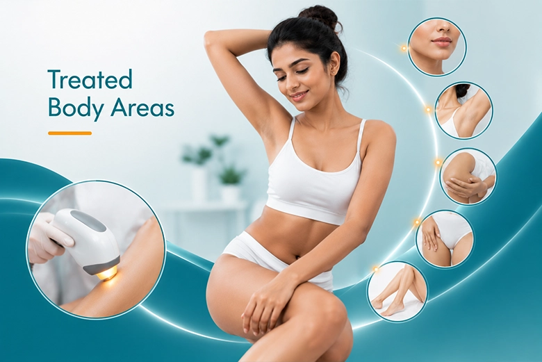 Body areas commonly treated with laser hair removal at a Chennai dermatology clinic