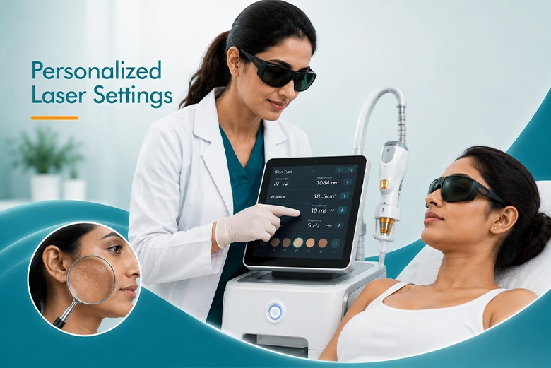 Dermatologist setting laser parameters for Indian skin type before treatment in Chennai