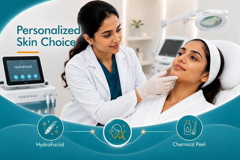 Dermatologist assessing skin to choose between HydraFacial and chemical peel at VK Allure Chennai
