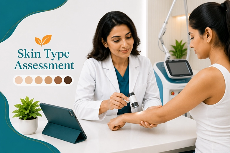 Dermatologist assessing skin type before laser hair removal at a clinic in Chennai