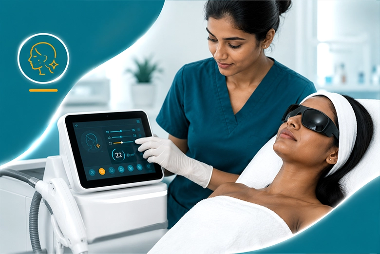 Dermatologist calibrating laser settings for dark skin tone before hair removal in Chennai