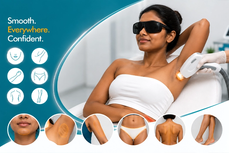 Common laser hair reduction treatment areas safely treated on dark skin with Nd:YAG in Chennai