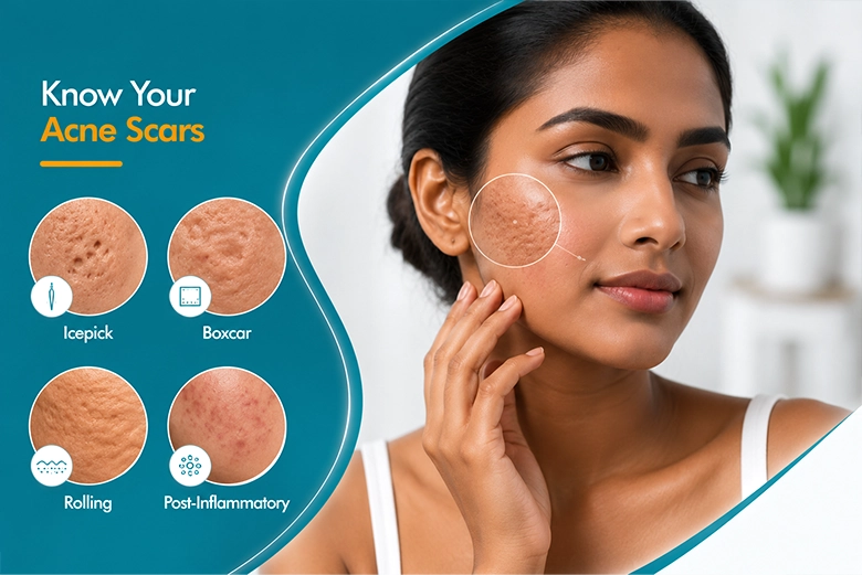 Types of acne scars — icepick, boxcar, rolling and post-inflammatory marks — explained for treatment in Chennai
