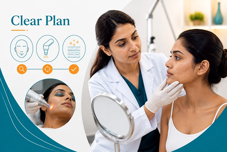 Dermatologist assessing acne scars and planning laser treatment at VK Allure Dermaclinic Chennai