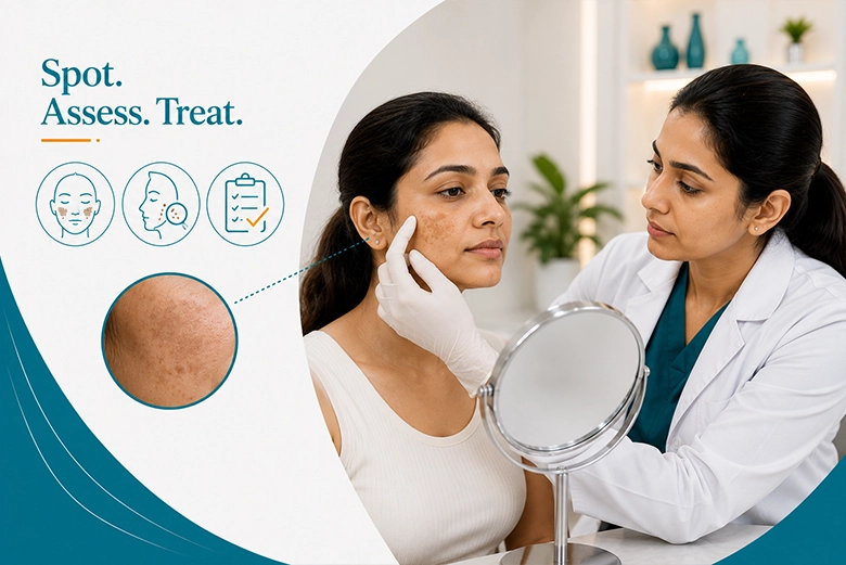 Melasma patches on the cheeks being assessed by a dermatologist in Chennai