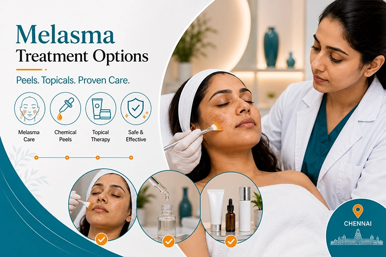 Melasma treatment options including chemical peels and topical therapy at a Chennai dermatology clinic