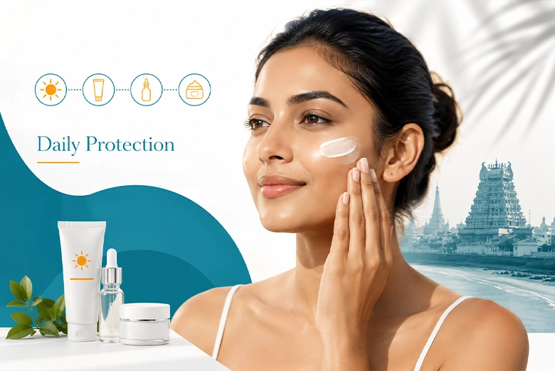 Daily sunscreen and gentle skincare routine to manage melasma on the face in Chennai