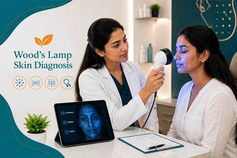 Dermatologist using a Wood's lamp to diagnose the type and depth of pigmentation at VK Allure Chennai