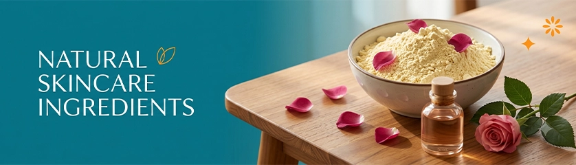 Bowl of gram flour besan with rose petals on wooden surface — natural skincare ingredient