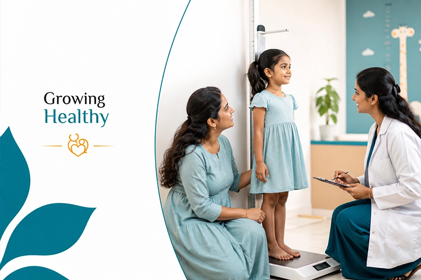 Mother and young daughter at a routine height and weight check with a paediatrician in Chennai