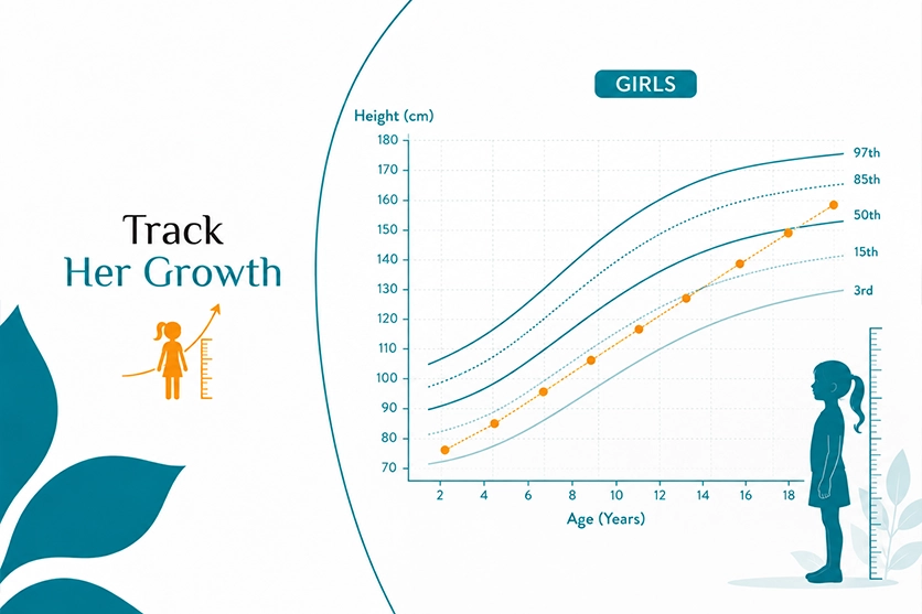 Illustration of a growth percentile chart for girls showing how to track height and weight by age