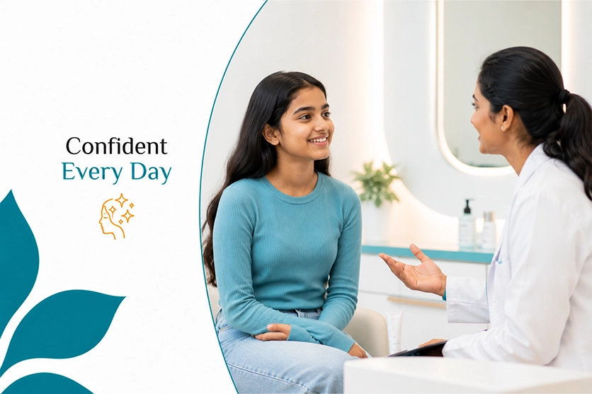 Teenage girl in consultation about adolescent wellness and skin care at VK Allure Dermaclinic Chennai